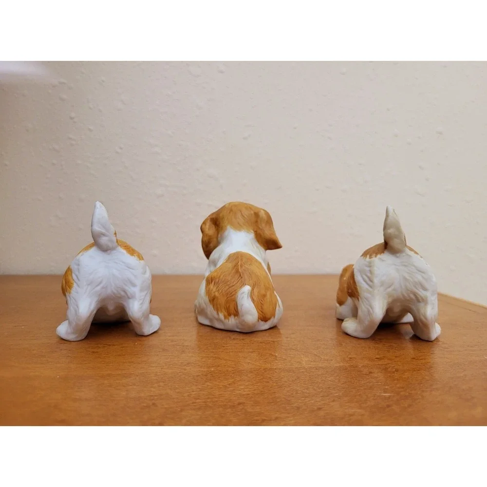 Set of 3 Vintage Homco Porcelain Bisque Spaniel Puppies #1407 Stamped w/ Sticker